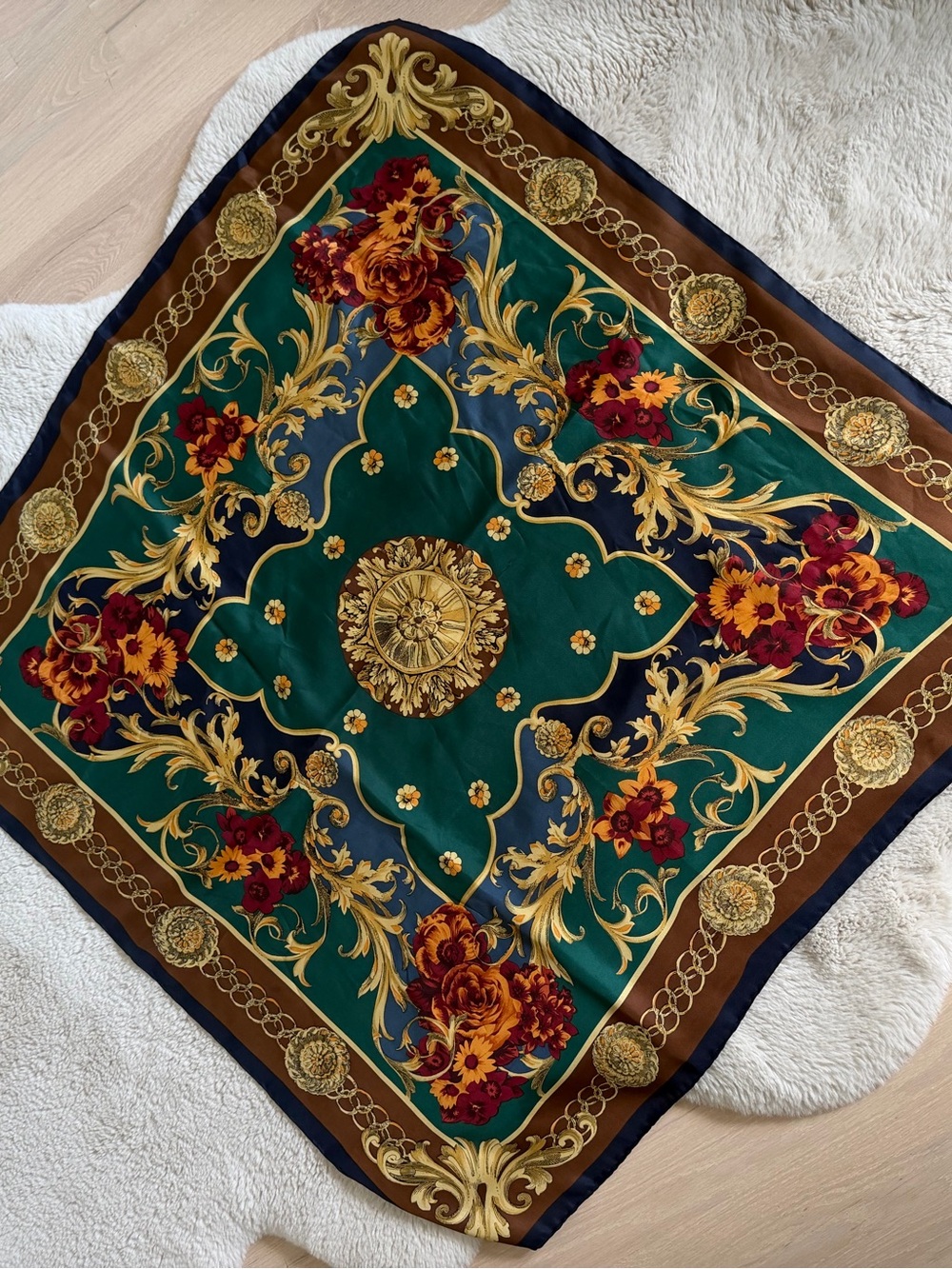 Baroque Floral Silk-Style Scarf in Green, Burgundy & Gold